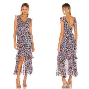 AMUR Evita Dress Floral Ruffle Silk Maxi Cocktail Gown